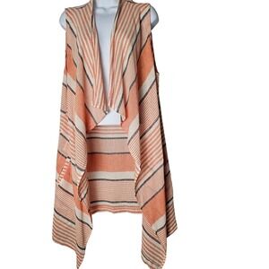 BB Dakota Orange Cream Navy Striped Open Front Duster Vest M Boho Coastal Airy